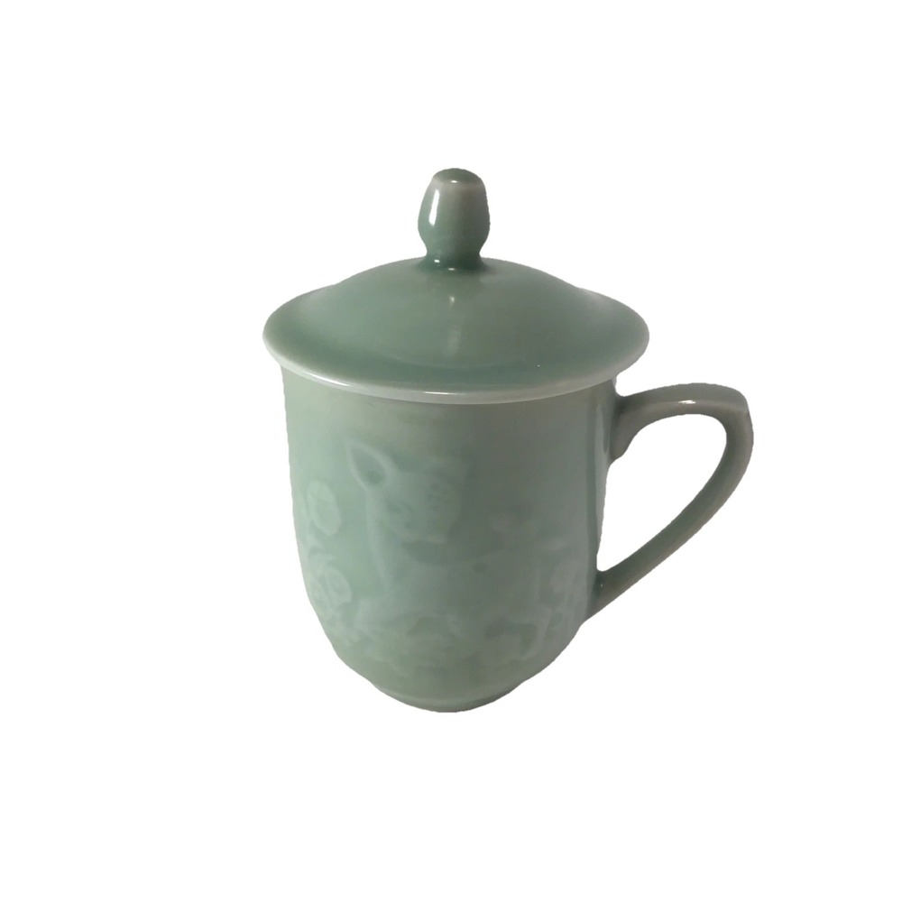 Vintage Teacup With Lid Celadon Green Embossed With Baby Deer Childs Cup